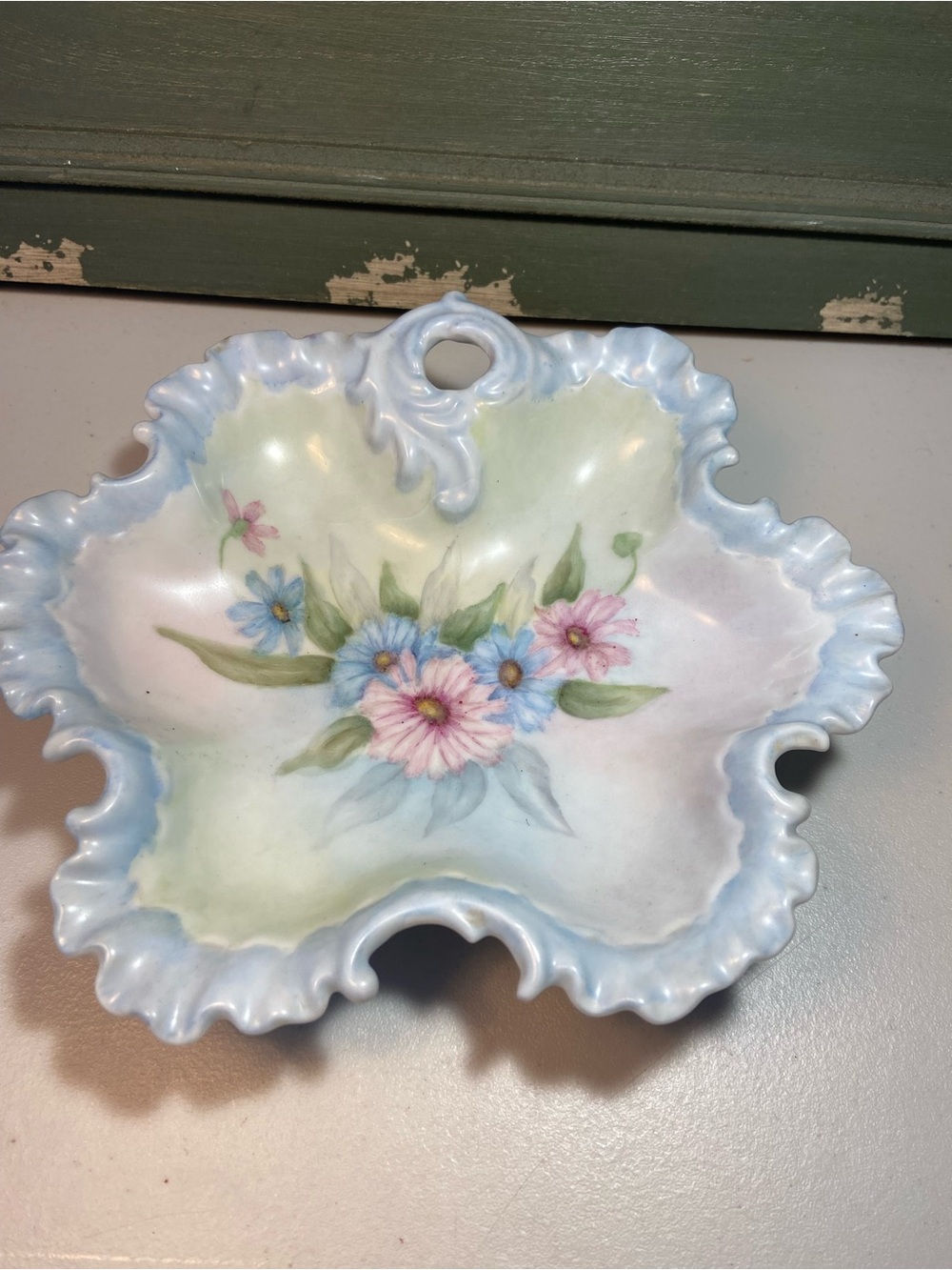 Hand-Painted Floral Decorative Dish - Pastel Blue, Pink & Green Signed